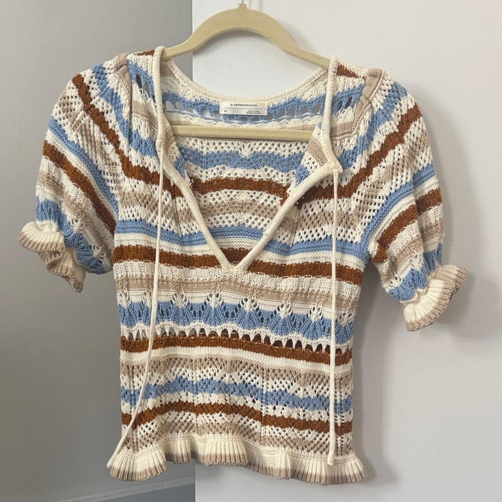 Anthropologie Cream and Blue Knit Top